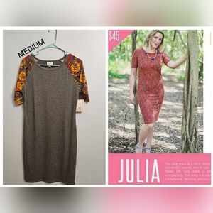 LuLaRoe Women's Julia Dress Grey Orange Flower Detail on Sleeve Size Medium NWT